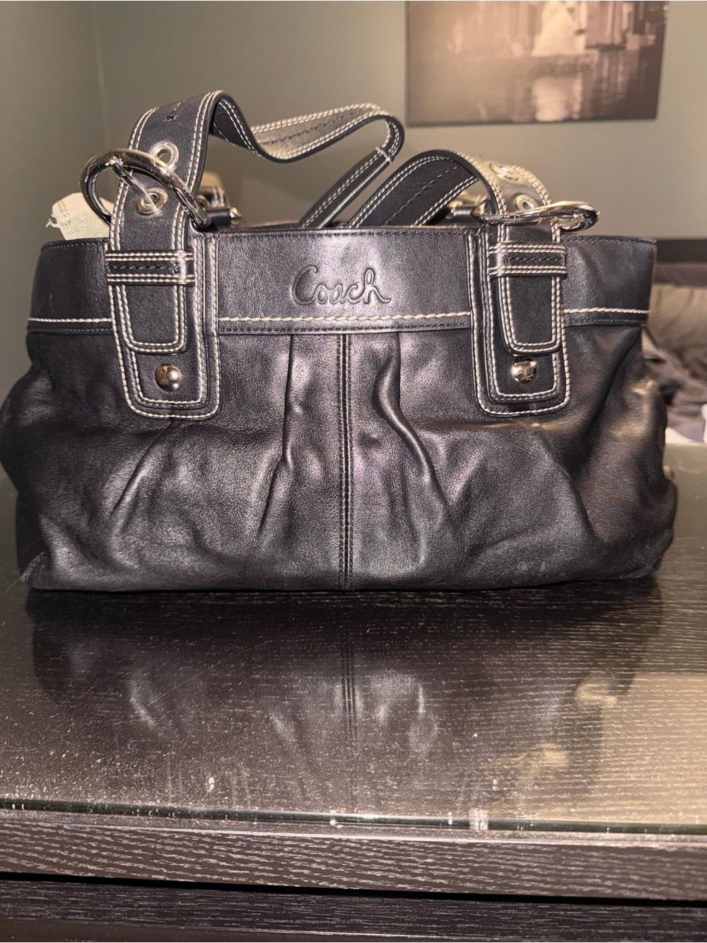 Coach Black Leather Shoulder Bag with Contrast Stitching